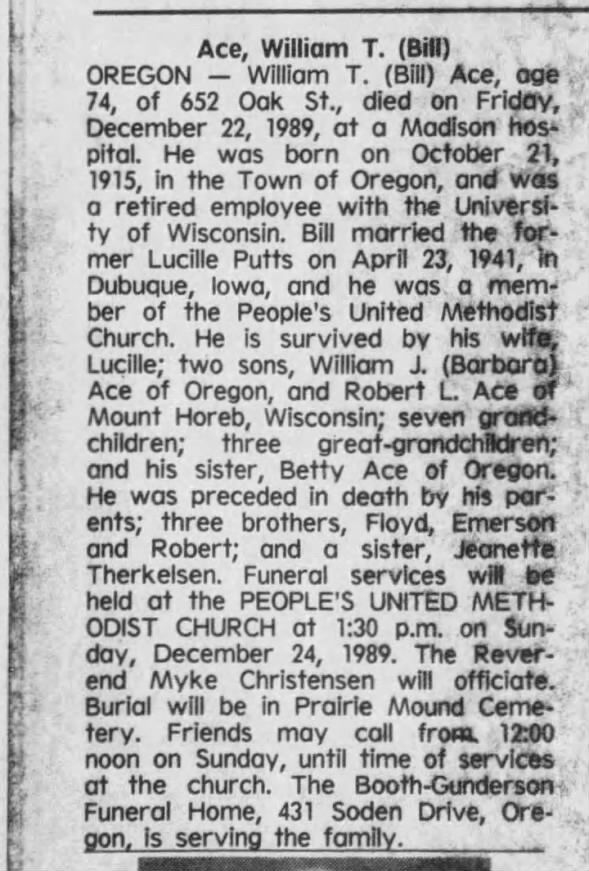 Obituary for William T. Ace, 1915-1989 (Aged 74)